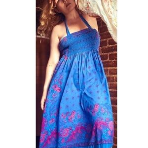 1970s Souleiado Charles Demerey Smocked Sun Dress Lilac Blue Pink